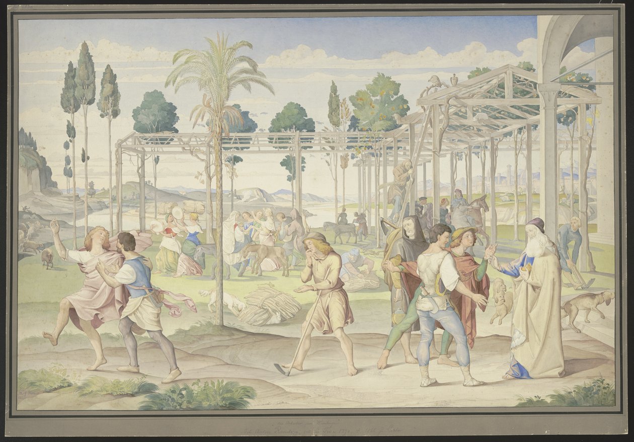 A szőlőskertben dolgozó munkások példázata, Primaticcio „Vertumnus kertje” és Poussin „Flóra birodalma” című művei alapján alkotó: Johann Anton Ramboux