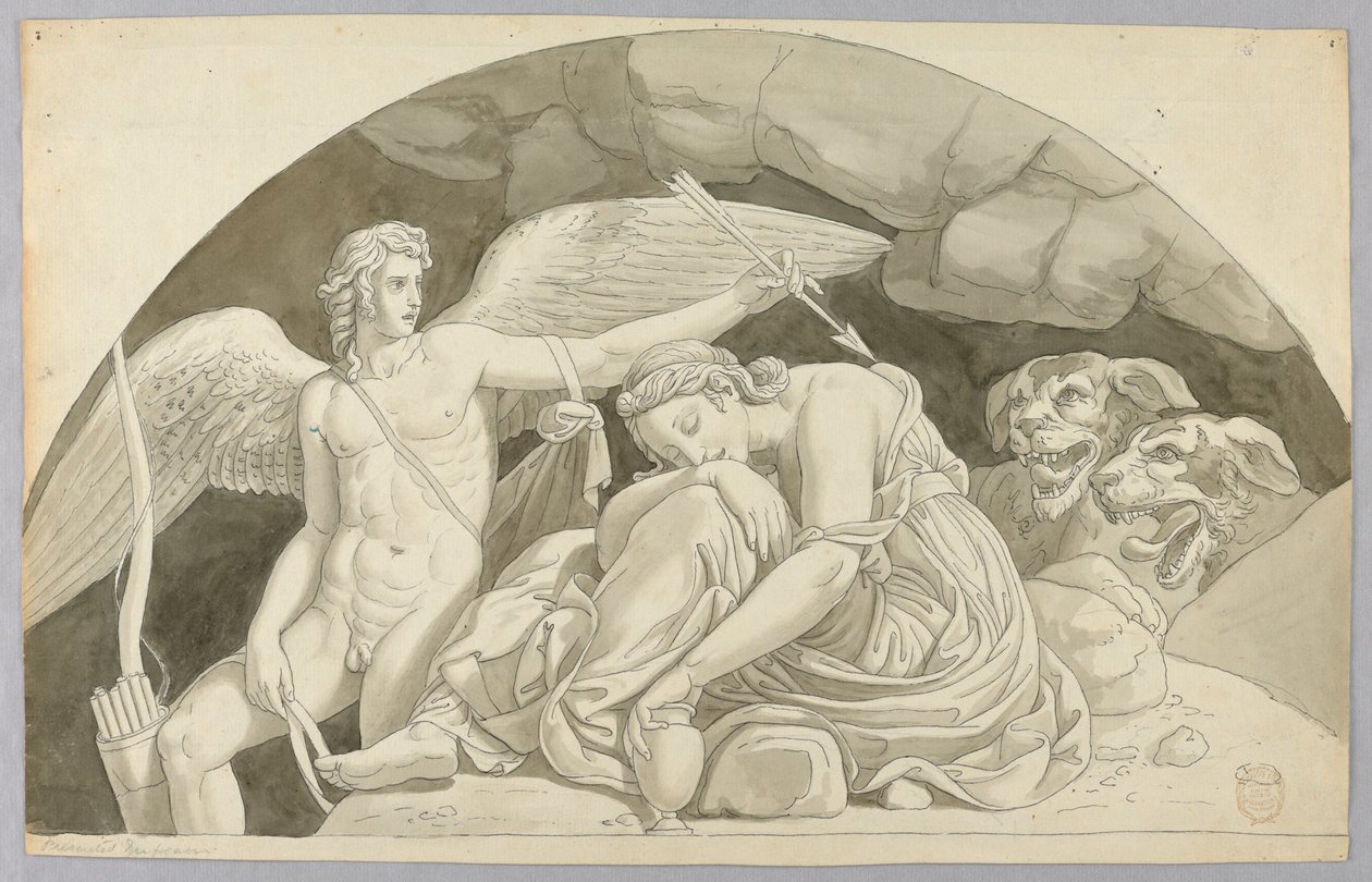 Ámor felébreszti a pszichét, amelyet a Proserpine által megtöltött váza tartalma legyőz alkotó: Johann August Nahl the Younger