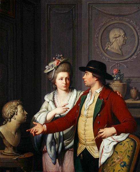 Samuel Nahl megmutatja menyasszonyának bátyja mellszobrát alkotó: Johann August the Younger Nahl