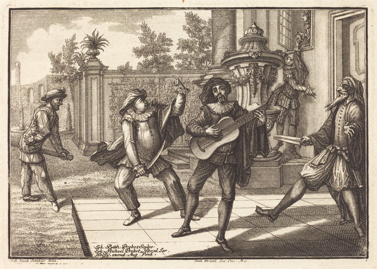 Scaramouche elvonja Pantalon figyelmét alkotó: Johann Balthasar Probst after Johann Jacob Schübler