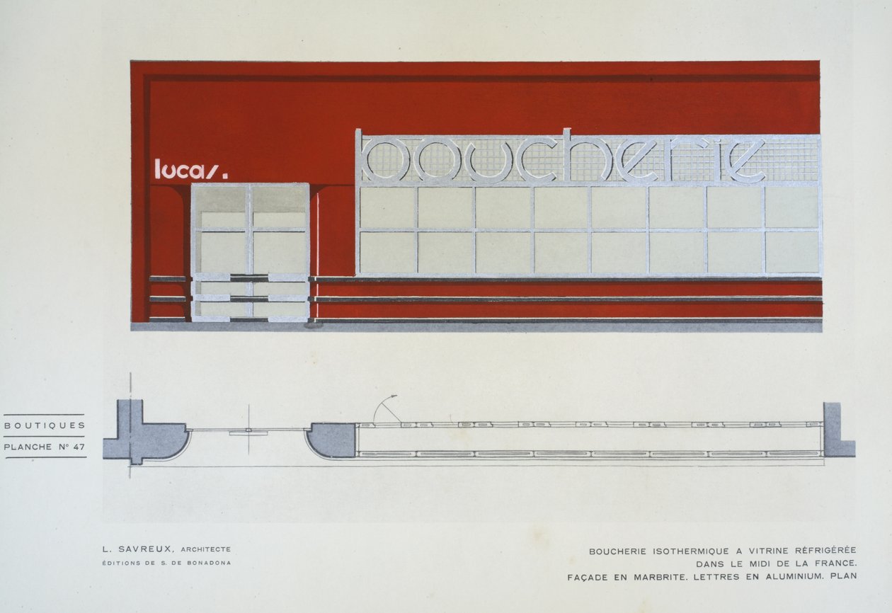 Boucherie Isothermique a Vitrine Refrigeree, L Savreux, Boutiques, Henry Delacroix, Editions S De Bonadona, Párizs, 1920-as évek vége, Pochoir Print alkotó: Johann Baptist Edler von Lampi