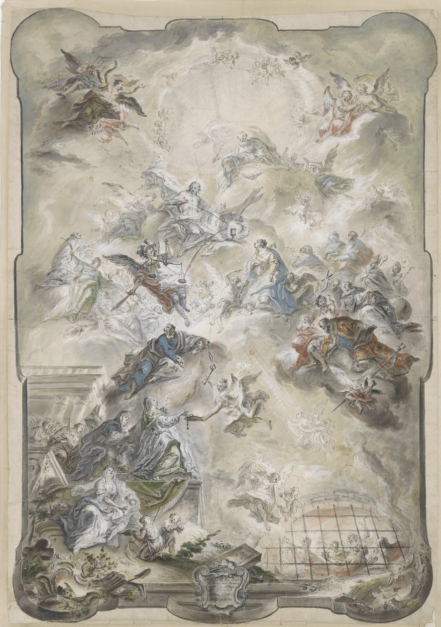 A Szűz és a szentek közbenjáró Krisztus előtt az elveszettek lelkeiért, 1771 vagy azelőtt. alkotó: Johann Baptist Enderle
