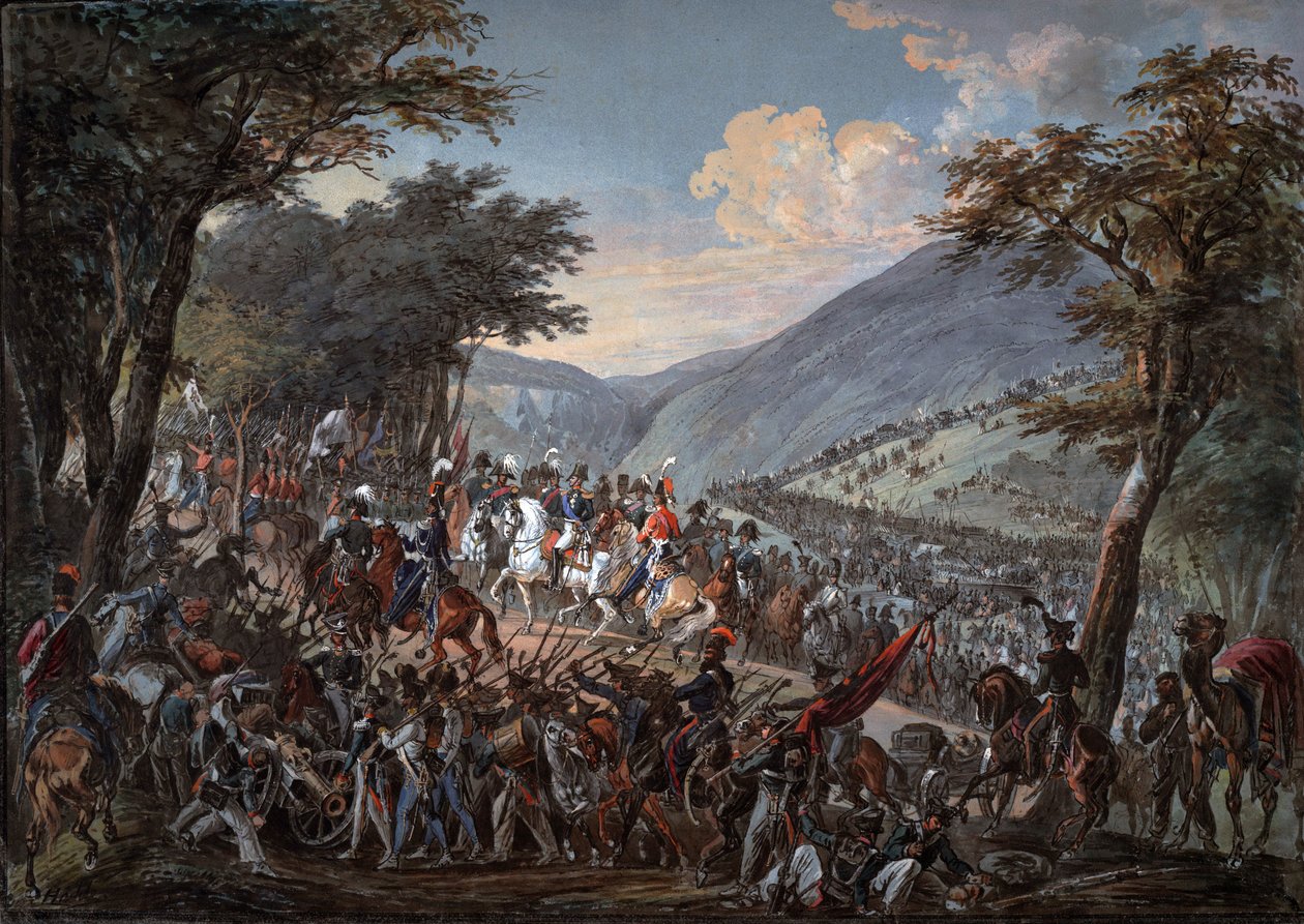 I. Sándor császár (1777-1825) és kísérete 1815 júliusában átkelt a Vogézek hegységén - Hoechle, Johann Baptist (1754-1832) - 1825 - Akvarell papíron - 70,9x99,7 - Magángyűjtemény alkotó: Johann Baptist Hoechle