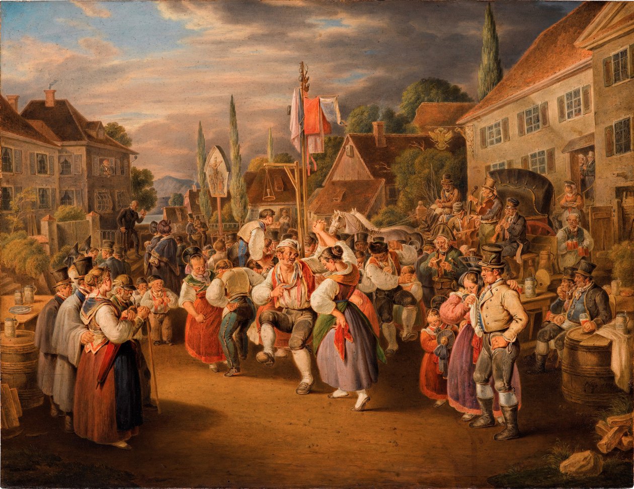 Szüreti fesztivál kakastánccal, 1839. alkotó: Johann Baptist Pflug
