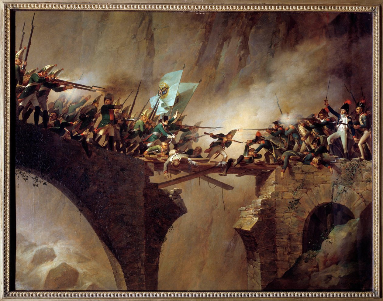 A második koalíció csatái: „” Az Ördög híd áthaladása a svájci Gotthárd-hágóhoz Alexander Souwaroff orosz marechal (Souvaroff vagy Souvarov vagy Alexander Suvorov) (1729-1800) által 1799.09.26. Francia Revolu alkotó: Johann Baptist Seele
