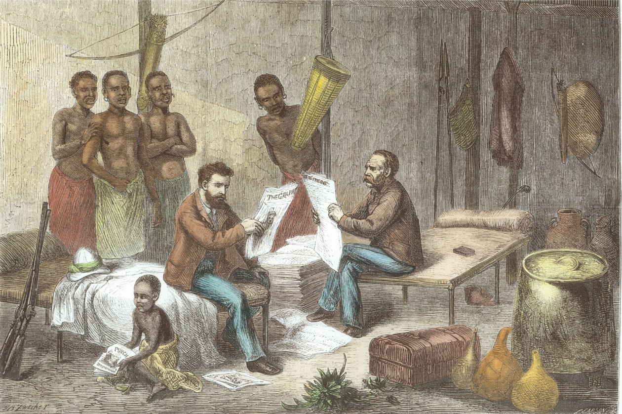Dr. David Livingstone (1813-73) és Mr. Henry Morton Stanley (1841-1904) Újságokat fogadnak Közép-Afrikában, metszett Pearson (későbbi színezés) alkotó: Johann Baptist Zweecker