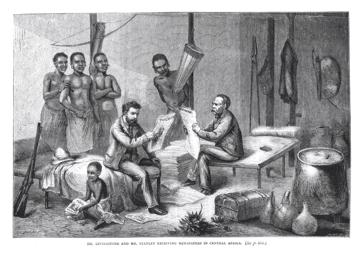 Dr. David Livingstone (1813-73) és Mr. Henry Morton Stanley (1841-1904) Újságokat fogad Közép-Afrikában, Pearson metszetével alkotó: Johann Baptist Zweecker