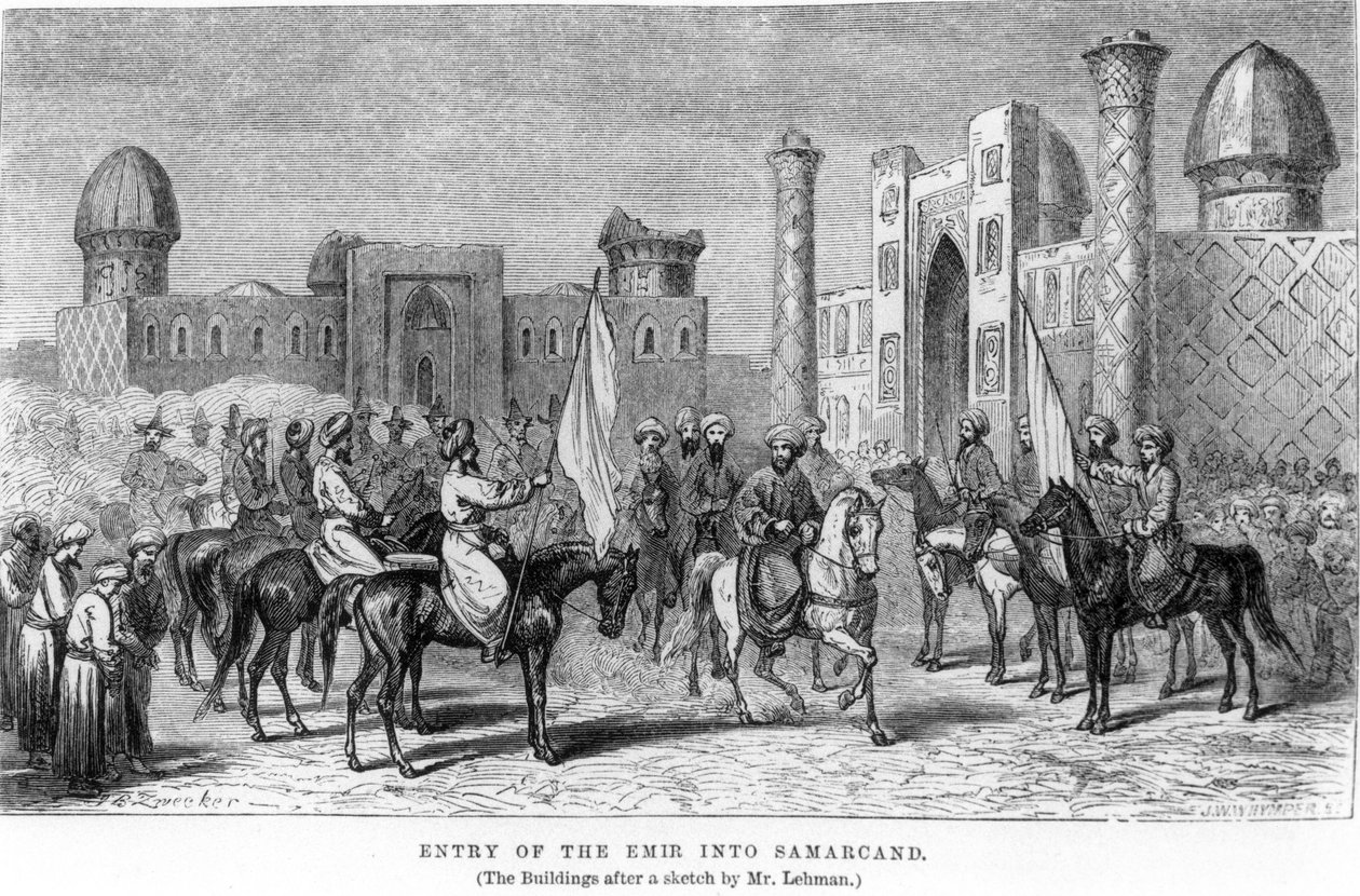 Az emír belépése Szamarkandba, Arminius Vambery „Utazások Közép-Ázsiában...1863-ban” című művéből, J.W.W. metszet. Hymper, 1864-ben megjelent alkotó: Johann Baptist Zweecker