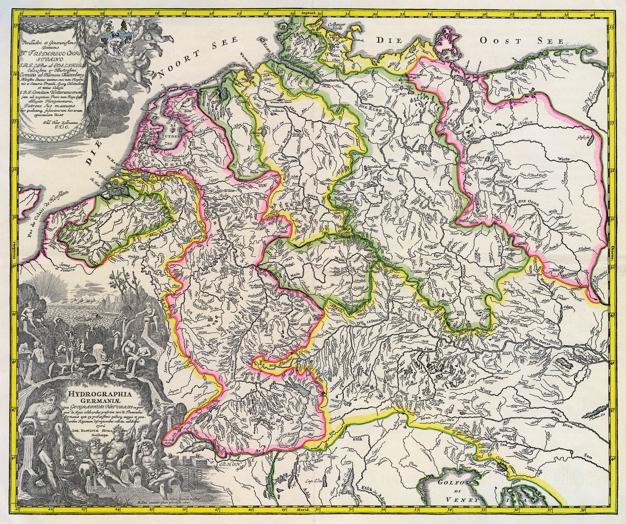 Németország vízrajzi térképe, 1720 körül (metszet) alkotó: Johann Baptista Homann
