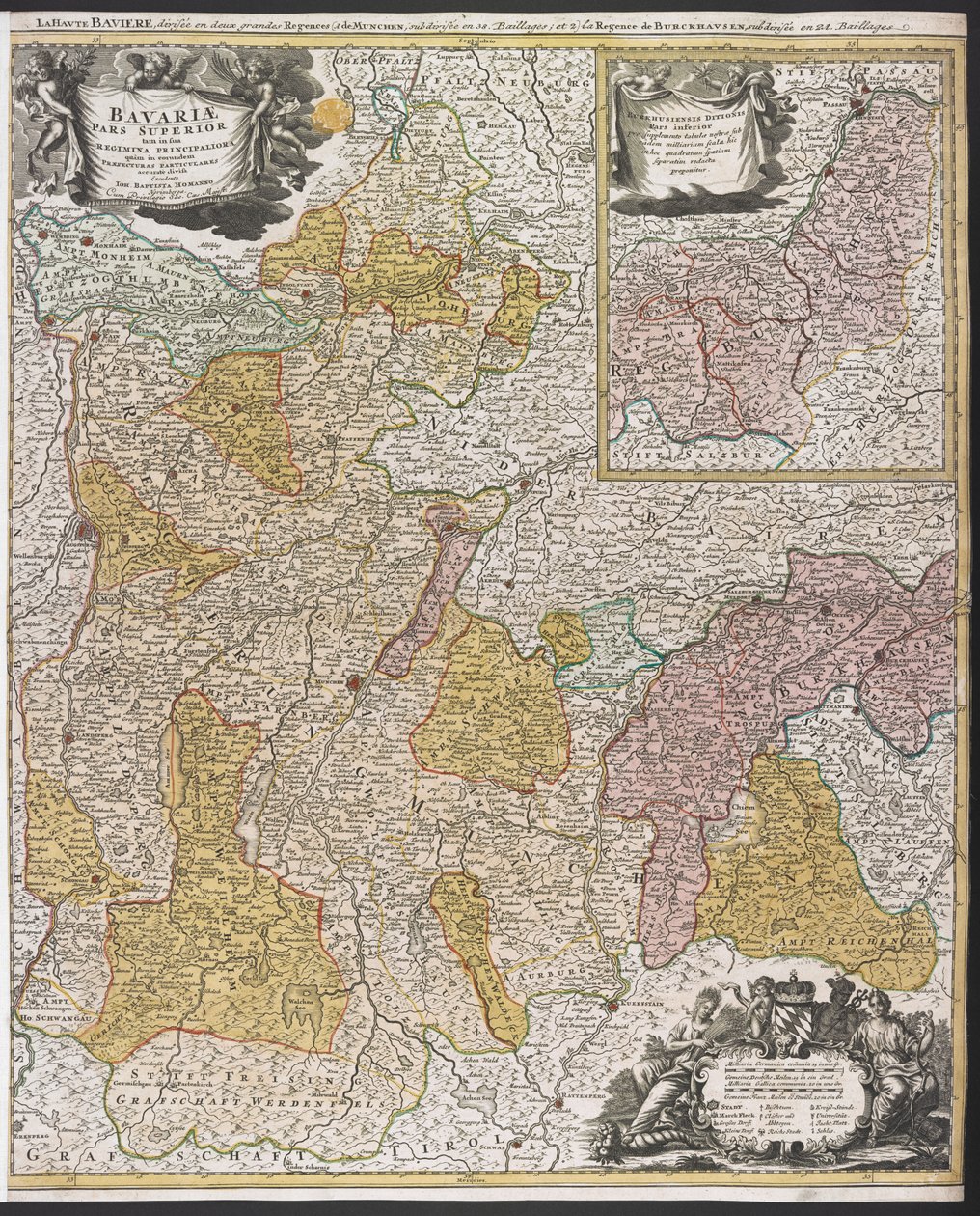Bajorország térképe, „Bavariæ Pars Superior”, 1715 után (színes metszet) alkotó: Johann Baptista Homann