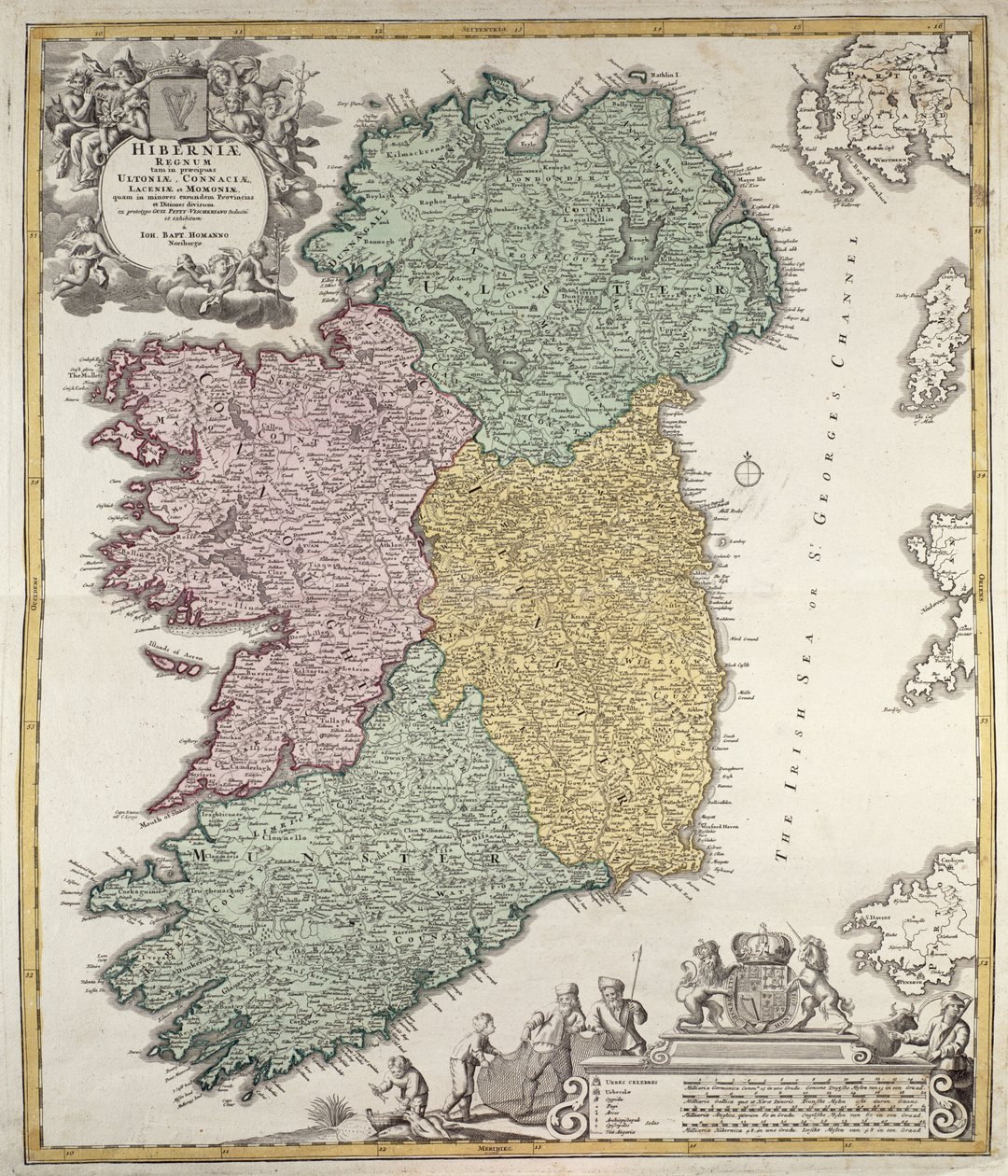 Írország térképe Ulster, Munster, Connaught és Leinster tartományokkal, Johann B. Homann, 1730 körül (kézzel színezett metszet) alkotó: Johann Baptista Homann