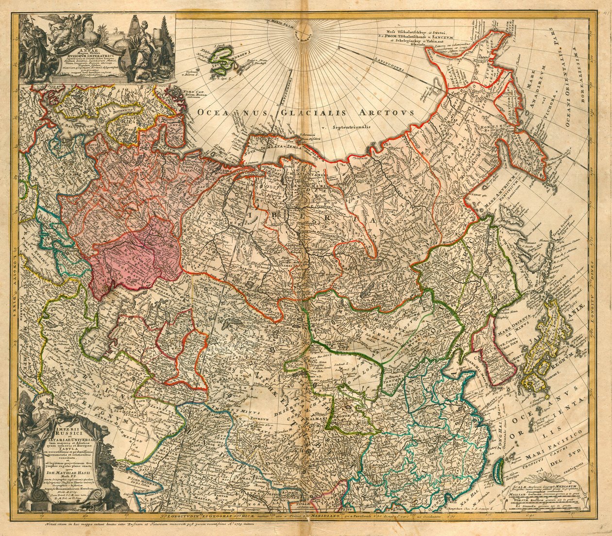 Oroszország térképe (Innen: Az Orosz Birodalom és Tatár térkép egész Kis-Ázsiára és Európára) - Homann, Johann Baptist (1663-1724) - 1738 - Rézmetszet, akvarell - Magángyűjtemény alkotó: Johann Baptista Homann
