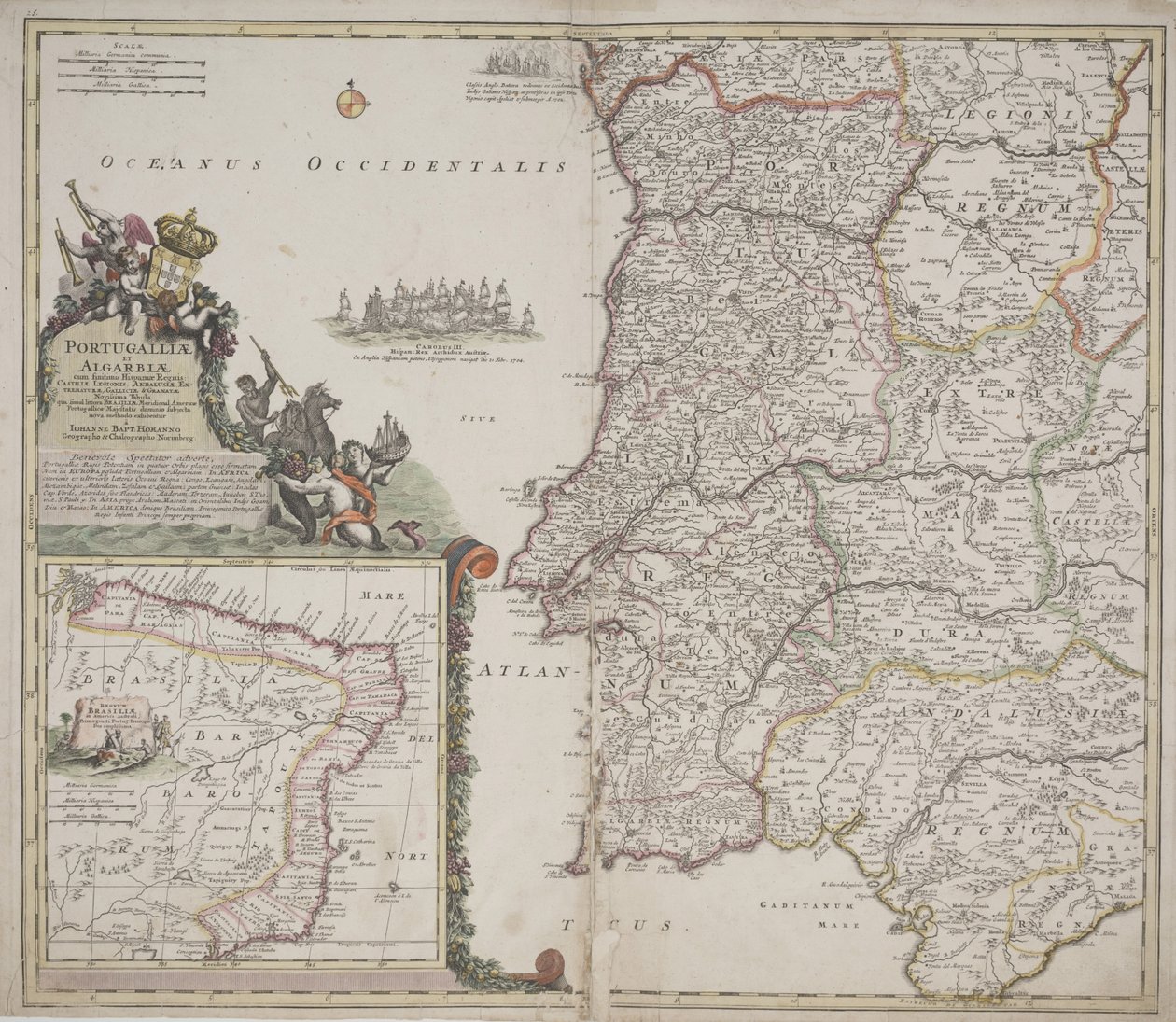 Portugália és Algarve (Portugallia et Algarbiae), 1704 körül (kézzel színezett rézkarc) alkotó: Johann Baptista Homann