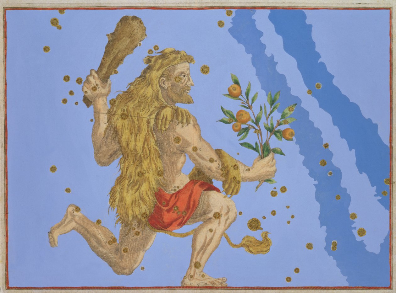 Herkules csillagkép Oroszlánbőr, Johann Bayer "Uranometria" című művéből, Alexander Mair (1559-1616) metszete 1603 (kézzel színezett rézmetszet). alkotó: Johann Bayer