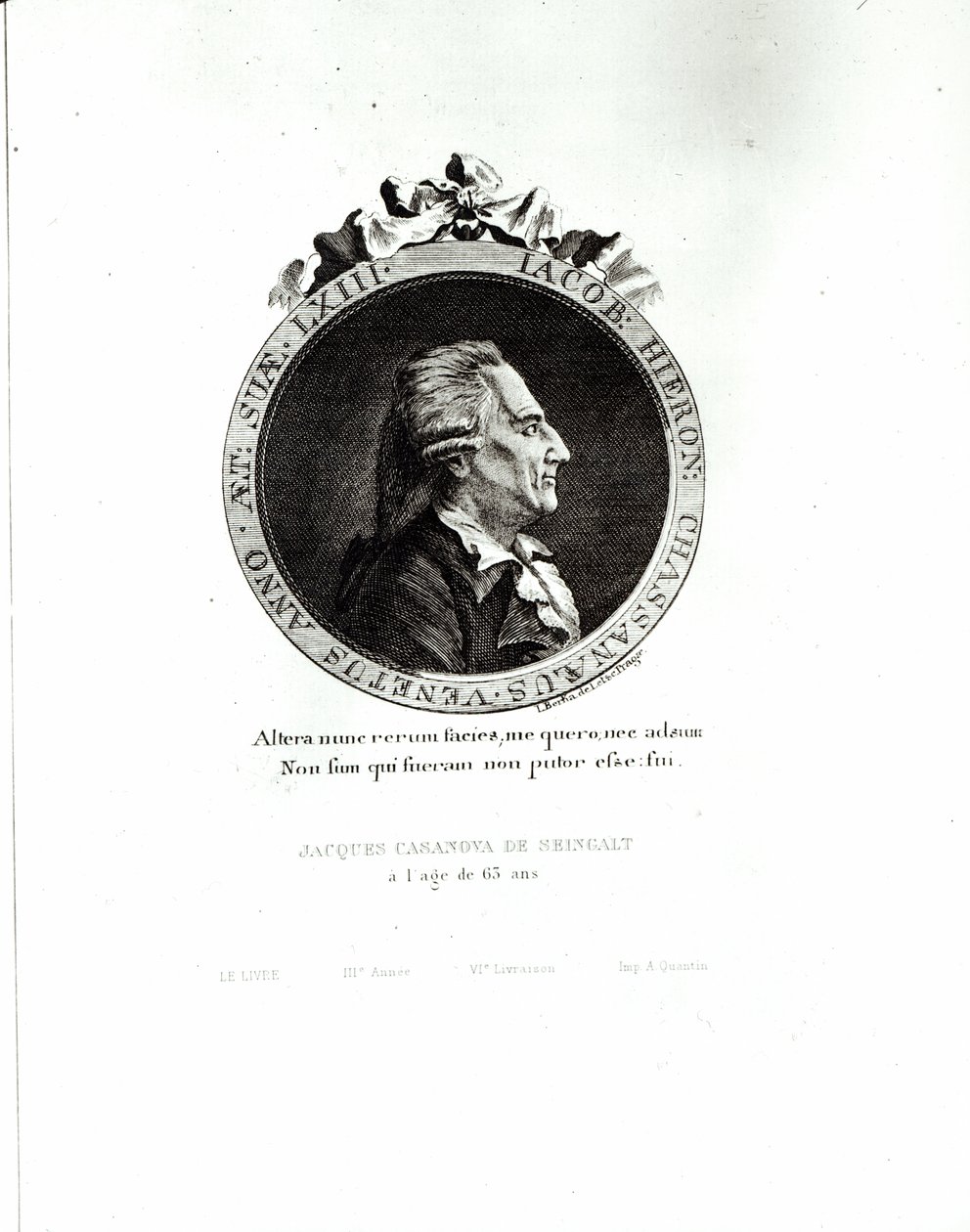 Giacomo Casanova (1725-98) 63 éves, 1788-as érem portréja (metszet) (fekete kép) alkotó: Johann Berka
