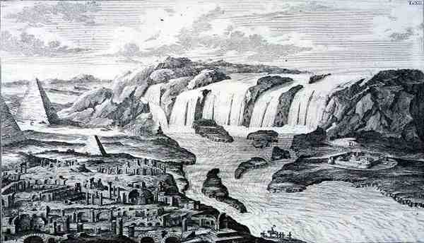 A Nílus szürkehályogja és Théba romjai, Egyiptom, az „Entwurf einer historischen Architektur”-ból, vésette Johann Adam Delsenbach (1687-1765) 1721 (metszet) alkotó: Johann Bernhard (after) Fischer von Erlach