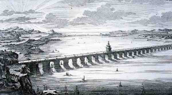 A Nagy Kínai Híd Focheu és Nantai között, Kínában, a „Történelmi építészet tervrajzából”, vésette Johann Adam Delsenbach (1687-1765) 1721 (metszet) alkotó: Johann Bernhard (after) Fischer von Erlach