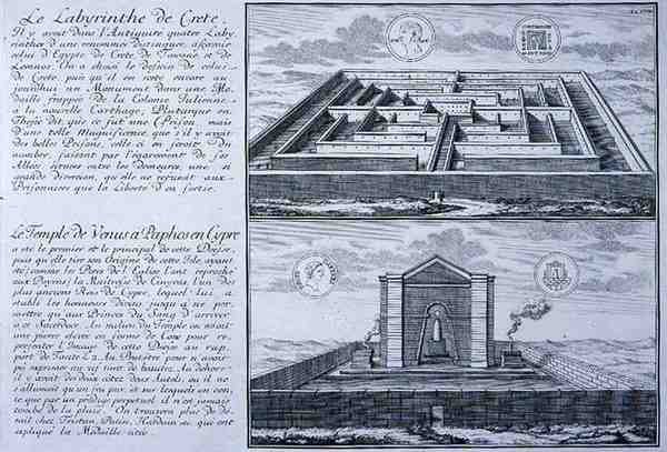 A krétai labirintus és a ciprusi Paphos Vénusz temploma, mindkettő az „Entwurf einer historischen Architektur” ókori római érméin található tervekből származik alkotó: Johann Bernhard (after) Fischer von Erlach