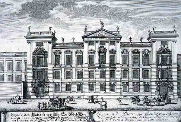 Gróf János Vencel palotája, Prágában, a „Történelmi építészet tervrajza” című művéből, Johann Adam Delsenbach (1687-1765) metszetében, 1721 (metszet) alkotó: Johann Bernhard (after) Fischer von Erlach