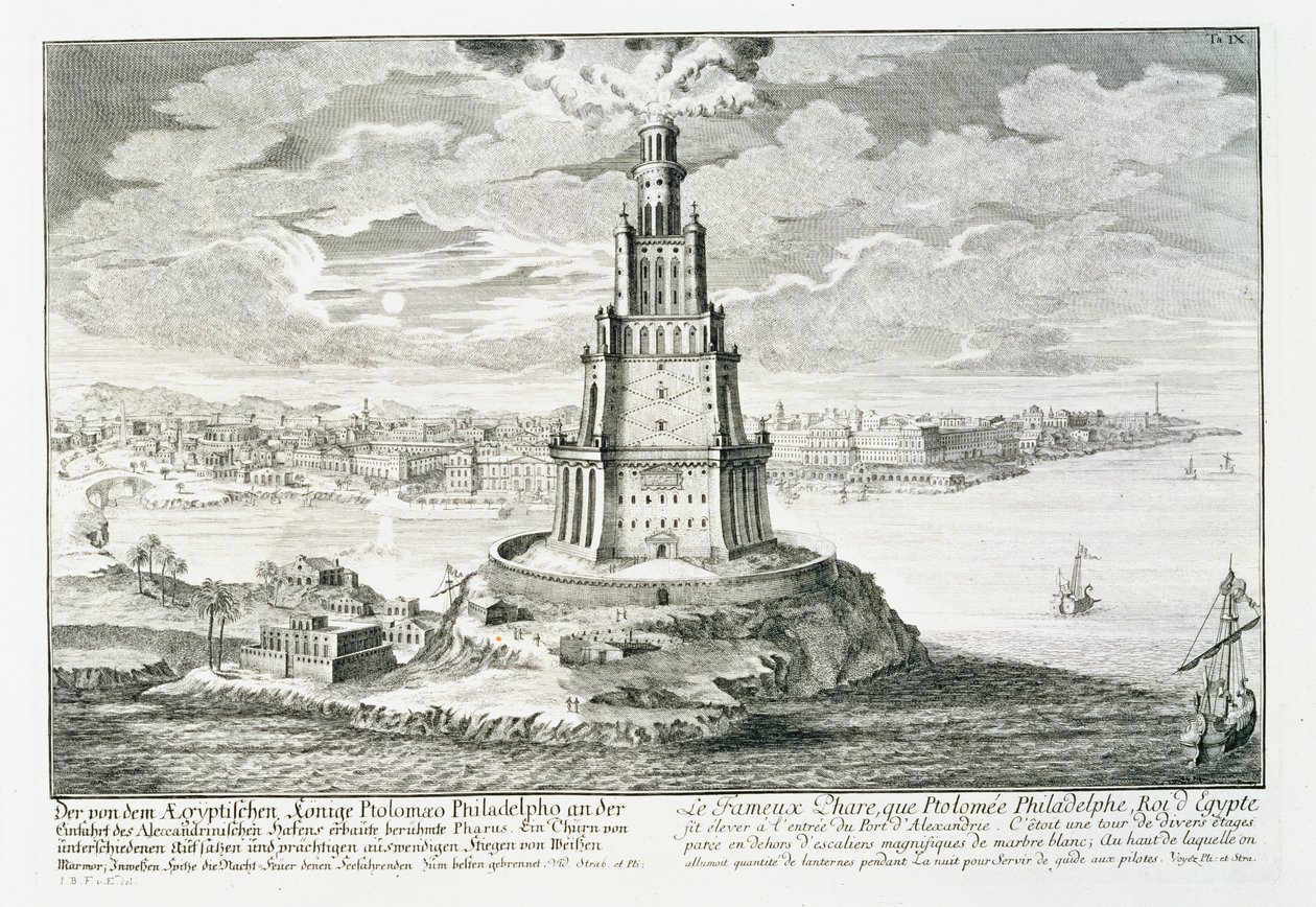 Az alexandriai Pharos, 9. tábla a „Történelmi építészet terve”-ből, Johann Adam Delsenbach (1687-1765) metszet, 1721 (metszet) alkotó: Johann Bernhard (after) Fischer von Erlach