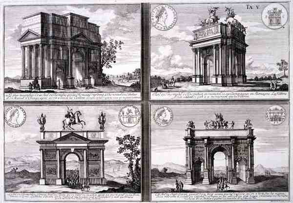 Catulus és Marius diadalíve Orange-ban, Domitianus íve, Drusus íve és Septimus Severus íve, az „Entwurf einer historischen Architektur”-ból, Johann Adam Delsenbach (1687-1765) metszetében alkotó: Johann Bernhard (after) Fischer von Erlach