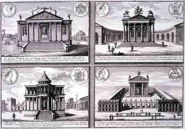 Négy templom kilátása római érmékből, a „Történelmi építészet terve” című könyvéből, Johann Adam Delsenbach (1687-1765) metszetében alkotó: Johann Bernhard (after) Fischer von Erlach