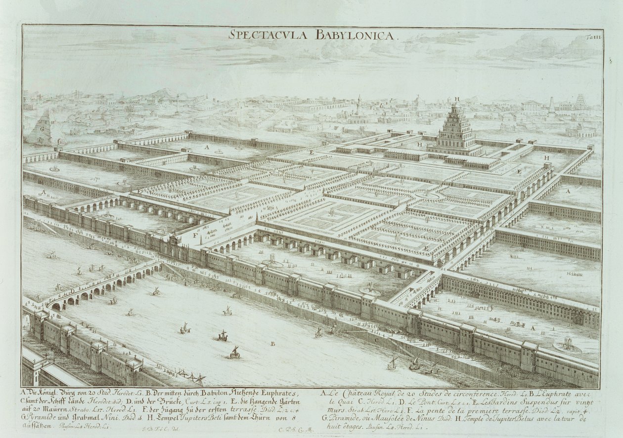 Panorámás kilátás a királyi palotára és a babiloni függőkertekre, az "Entwurf einer historischen Architektur"-ból, 1721 alkotó: Johann Bernhard Fischer von Erlach