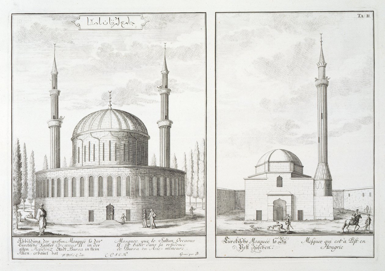 Egy bursai mecset és egy magyarországi mecset látképe, a "Entwurf einer historischen Architektur" című műből, 1721 alkotó: Johann Bernhard Fischer von Erlach