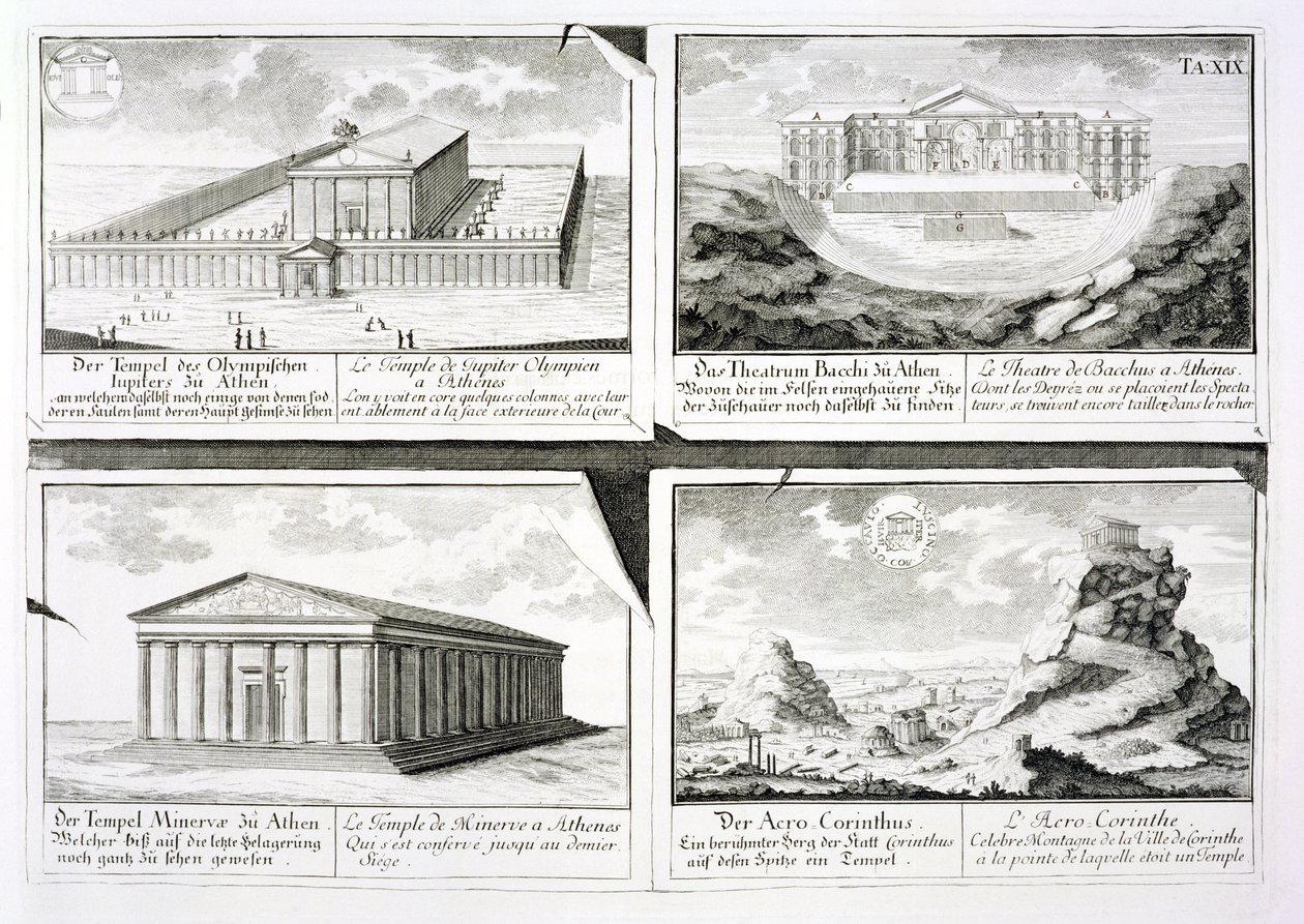 Négy klasszikus épület kilátása: az Olimpiai Zeusz temploma, az athéni Dionüszosz Színház, az athéni Athéné és a korinthoszi templom, az Entwurf einer historischen Architekturból, alkotó: Johann Bernhard Fischer von Erlach
