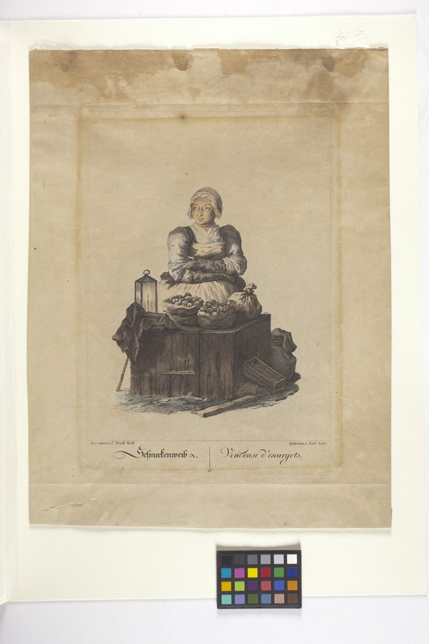 Schneckenweib Or Vendeuse Des Escargots (Csigaárus) (kézzel színezett rézkarc) alkotó: Johann Christian (after) Brand