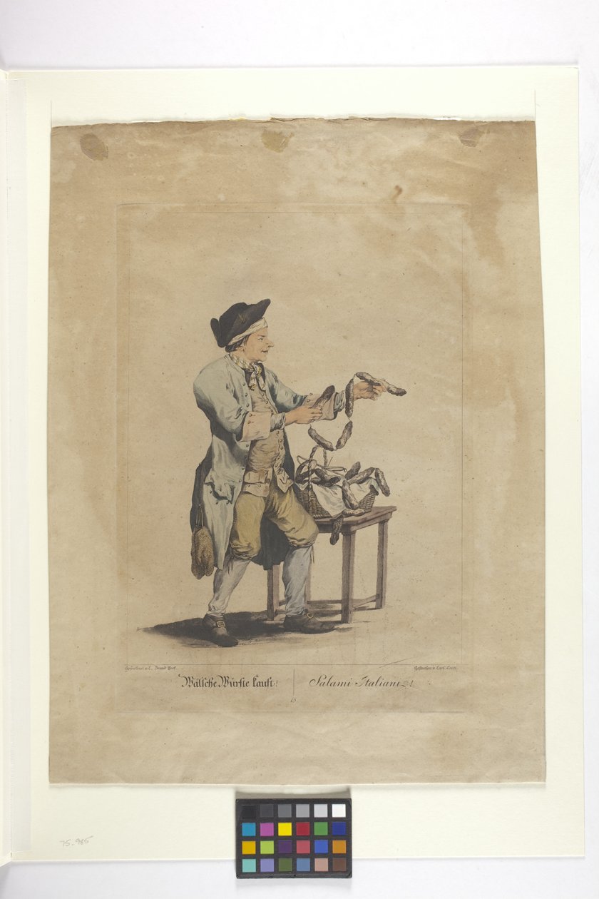 Wälsche Würste Kauft – Salami Italiani (kézzel színezett rézkarc) alkotó: Johann Christian (after) Brand