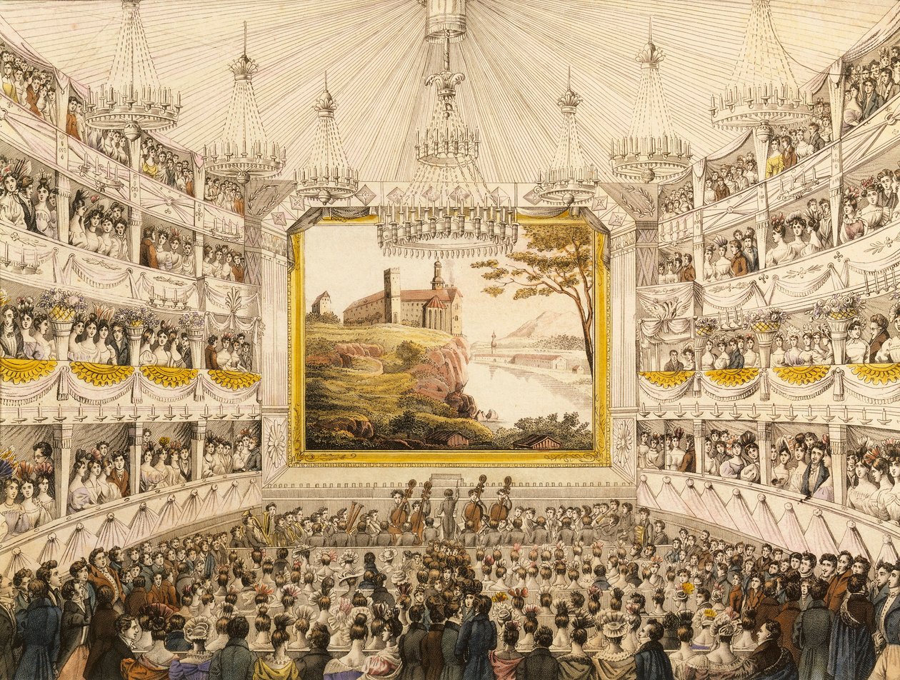 Ausztria, Bécs, a Theater an der Wien (Bécsi Színház) belseje, J.C. Schoeller akvarellnyomata alkotó: Johann Christian (after) Schoeller