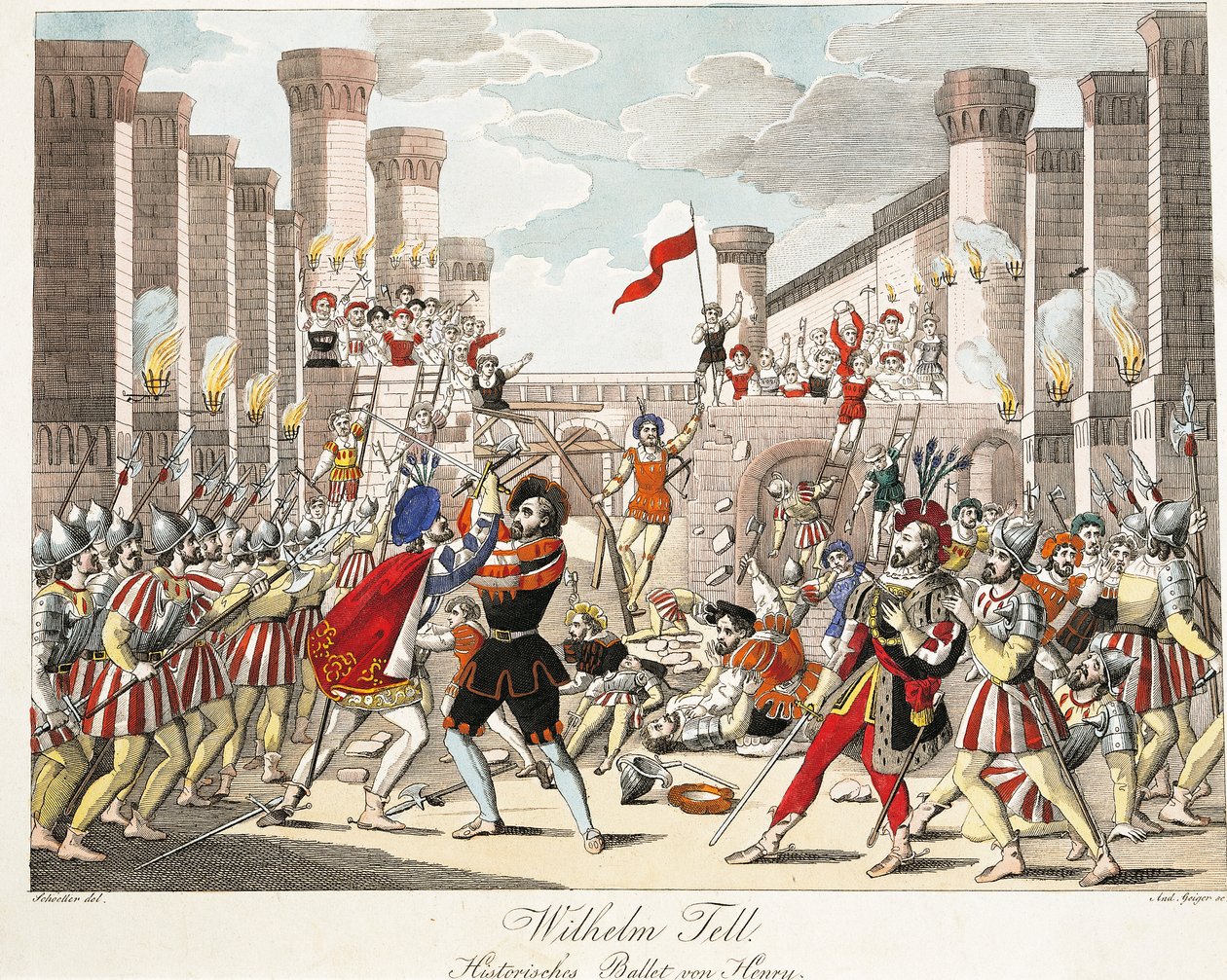 Henrik történelmi balettje, jelenet Gioachino Rossini „William Tell” című művéből, Geiger metszet (színes metszet) alkotó: Johann Christian (after) Schoeller
