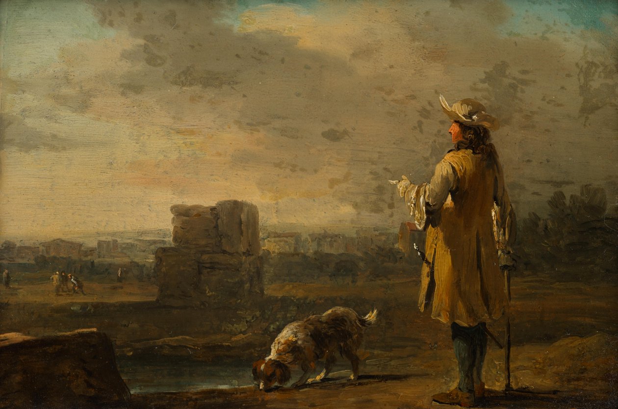 Úriember kutyával tájban alkotó: Johann Christian Brand