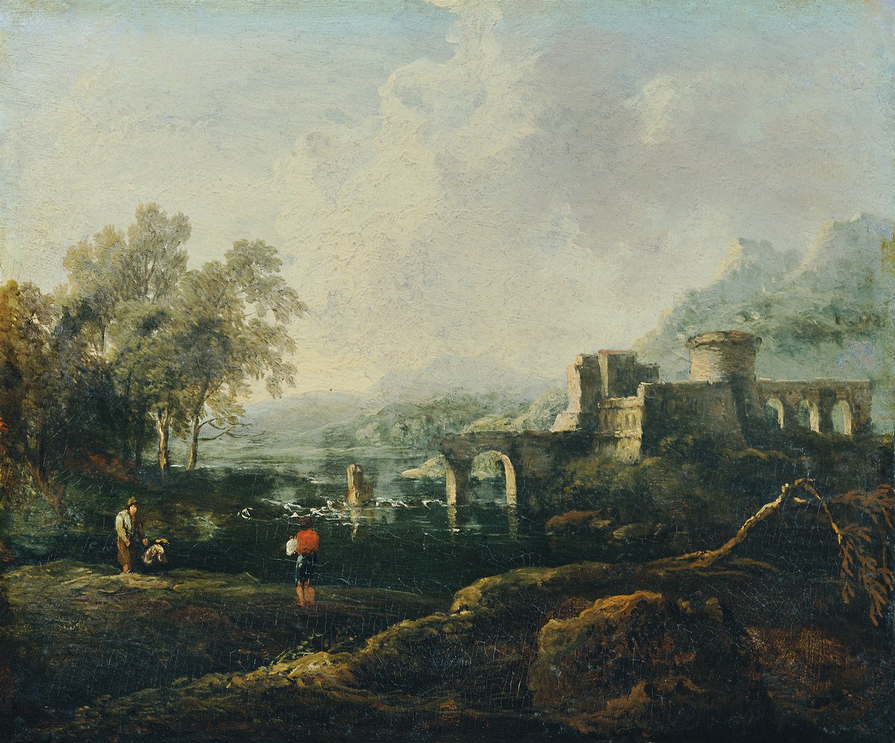Ideális táj folyóval és romos híddal (reggel) alkotó: Johann Christian Brand