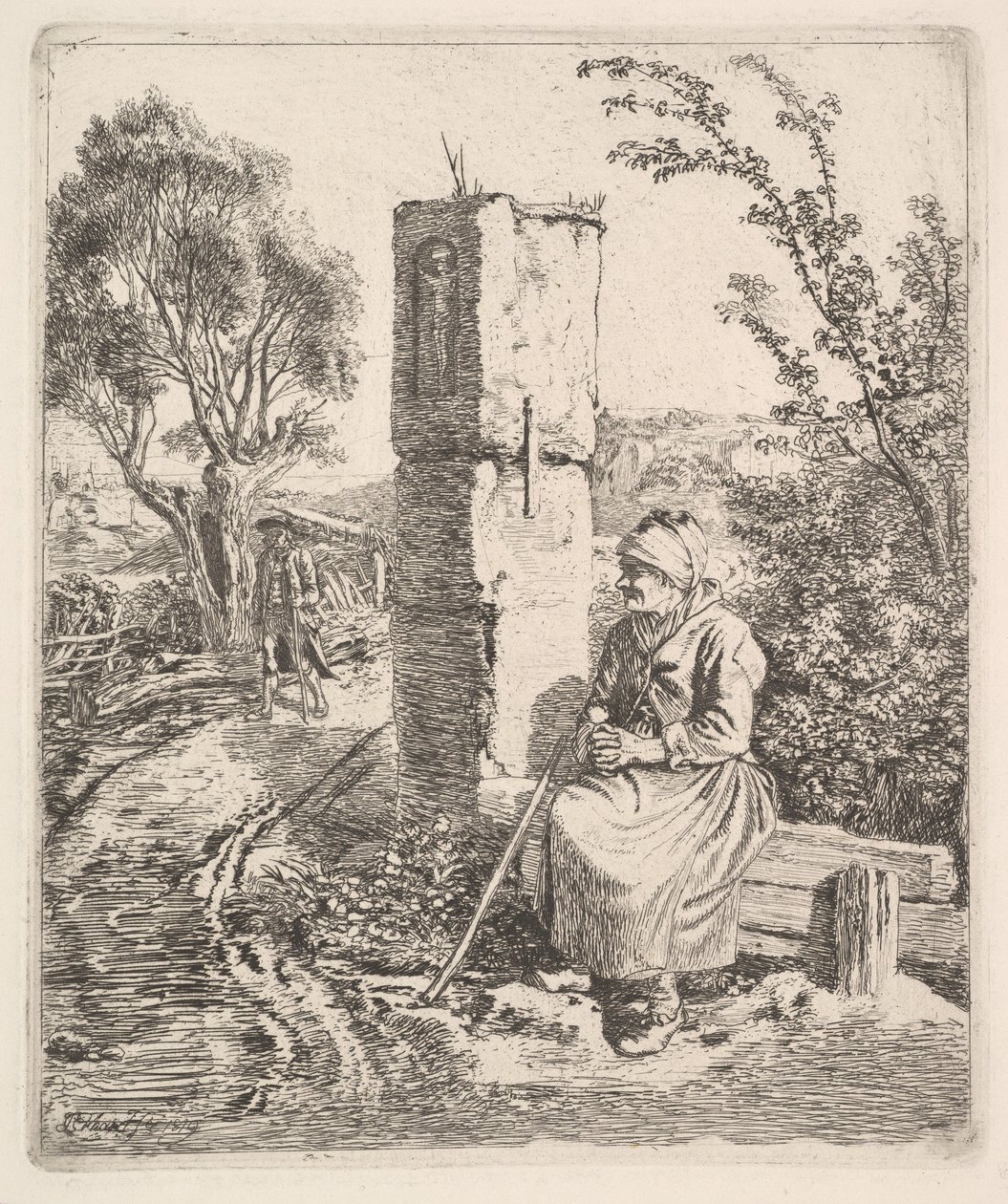 Egy öreg hölgy ül egy oszlop közelében az út szélén, 1819. alkotó: Johann Christian Erhard