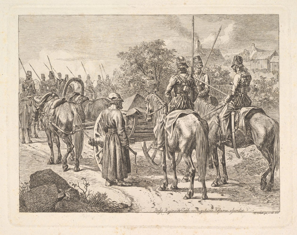 Kozákok kísérik az ezred Cassonét, 1815. alkotó: Johann Christian Erhard