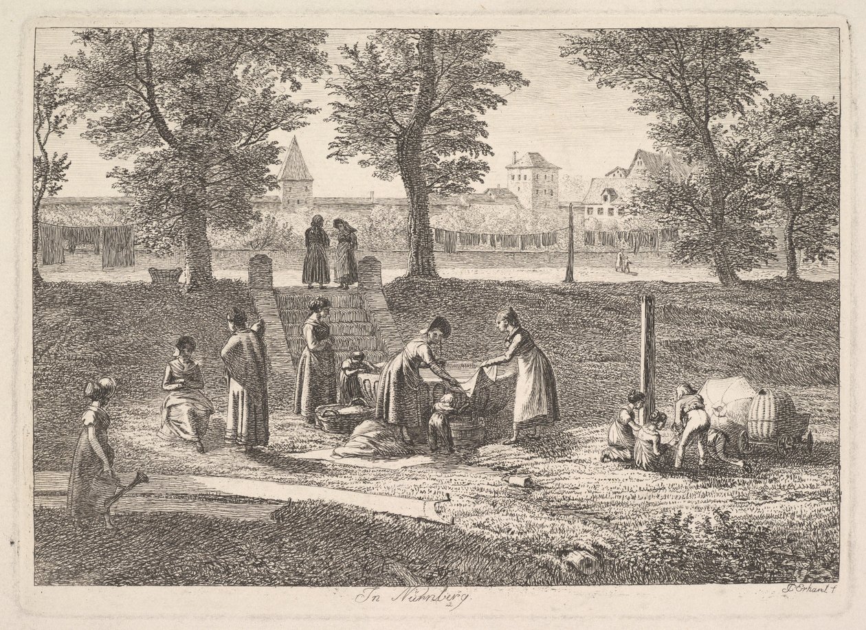 Nők otthoni tevékenységében szabadtéri jelenet Nürnbergben, 19. század. alkotó: Johann Christian Erhard