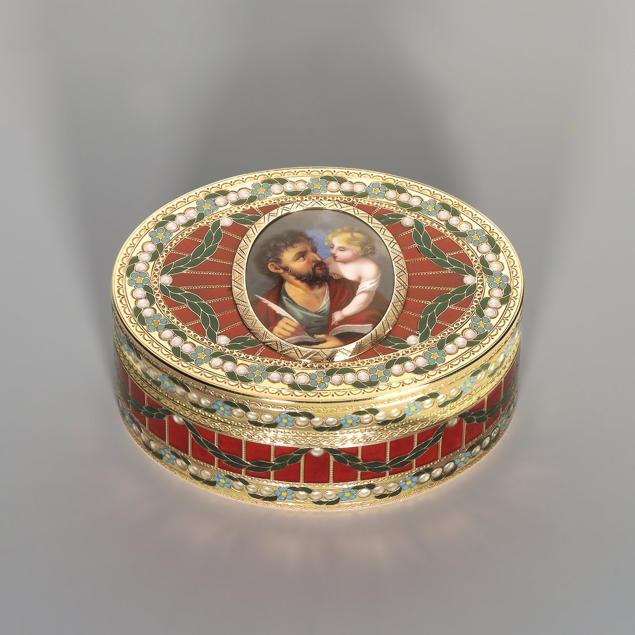 tubákos doboz, Drezda, 1775-80 körül, a miniatűr Genf, 1800 körül (szász keménykő, arany és zománc) alkotó: Johann Christian Neuber