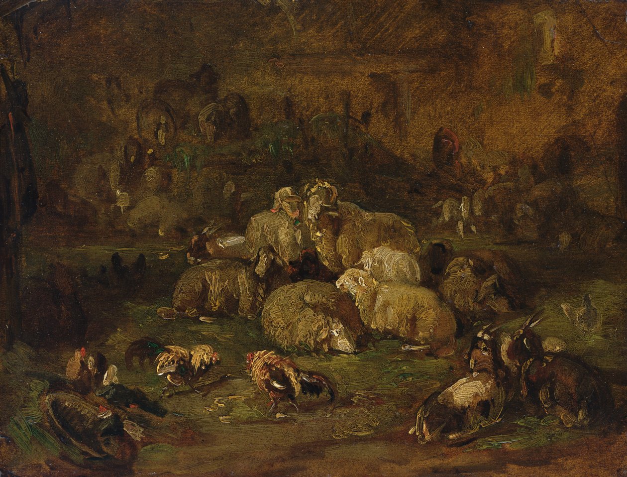 Birkák, kecskék és csirkék (olaj, papír, vászonra fektetve) alkotó: Johann Christian Reinhardt