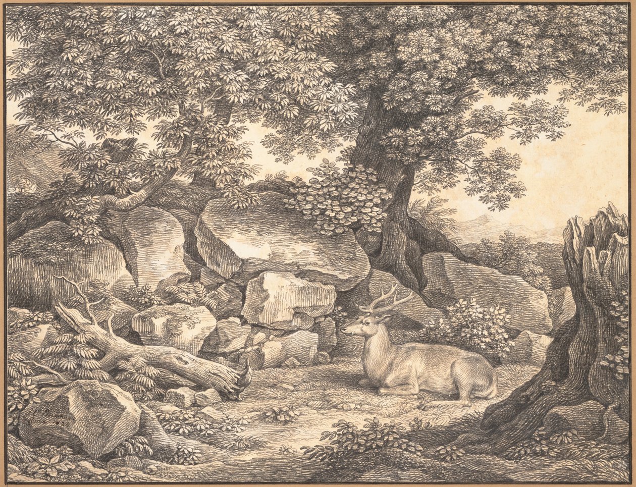 Olasz táj fákkel, sziklákkal és egy pihenő szarvas alkotó: Johann Christian Reinhart