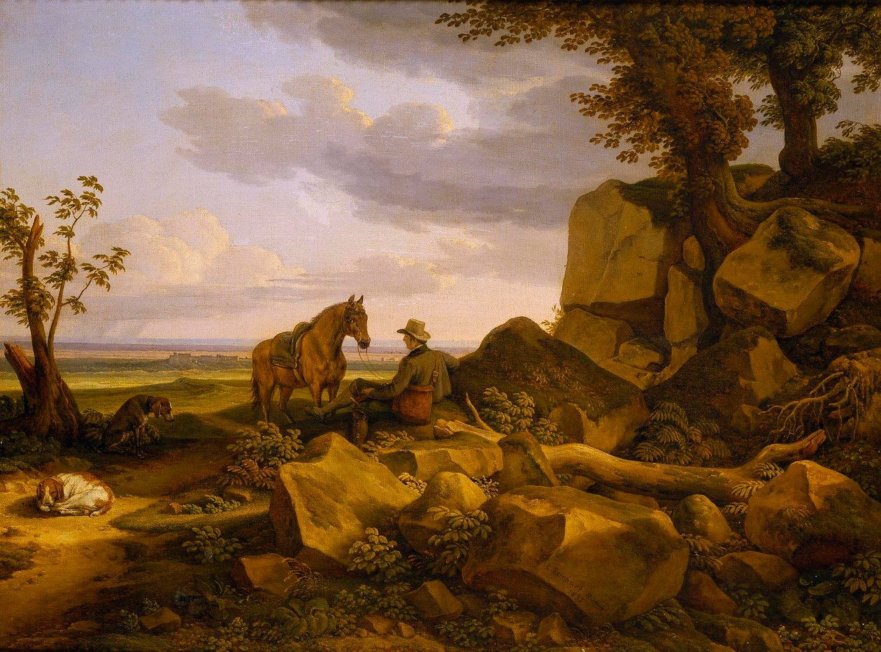 Olasz táj pihenő vadásszal, önarckép alkotó: Johann Christian Reinhart