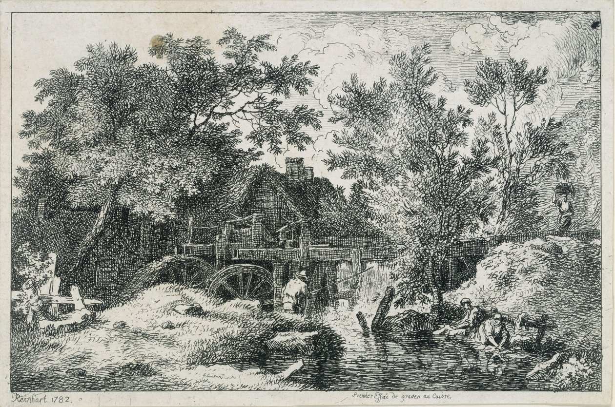Táj vízimalommal (első kísérlet rézmetszetre) alkotó: Johann Christian Reinhart