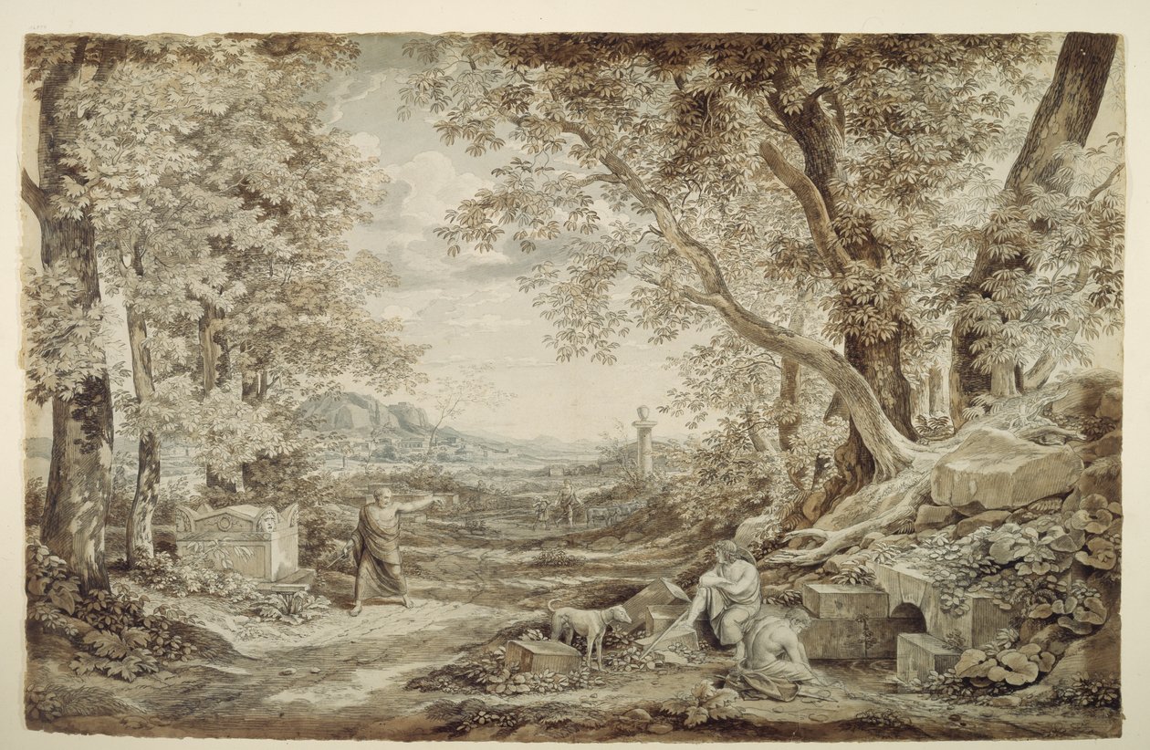 Tájkép antik emlékművekkel („A korinthoszi oszlopfő feltalálása“) alkotó: Johann Christian Reinhart