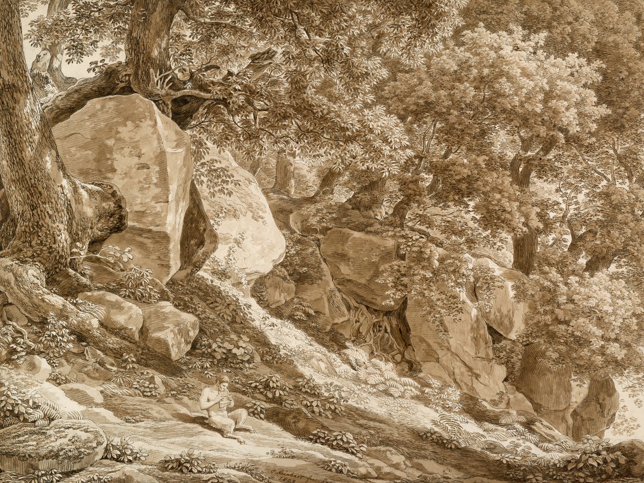 Sziklás táj, Pan furulyázik (A Villa Chigi parkjában, Ariccia) alkotó: Johann Christian Reinhart