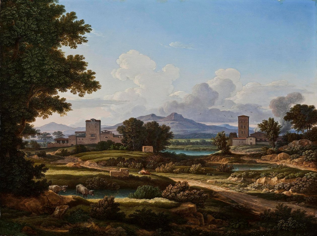 Római táj, a Torre del Quinto elemeiből komponálva alkotó: Johann Christian Reinhart