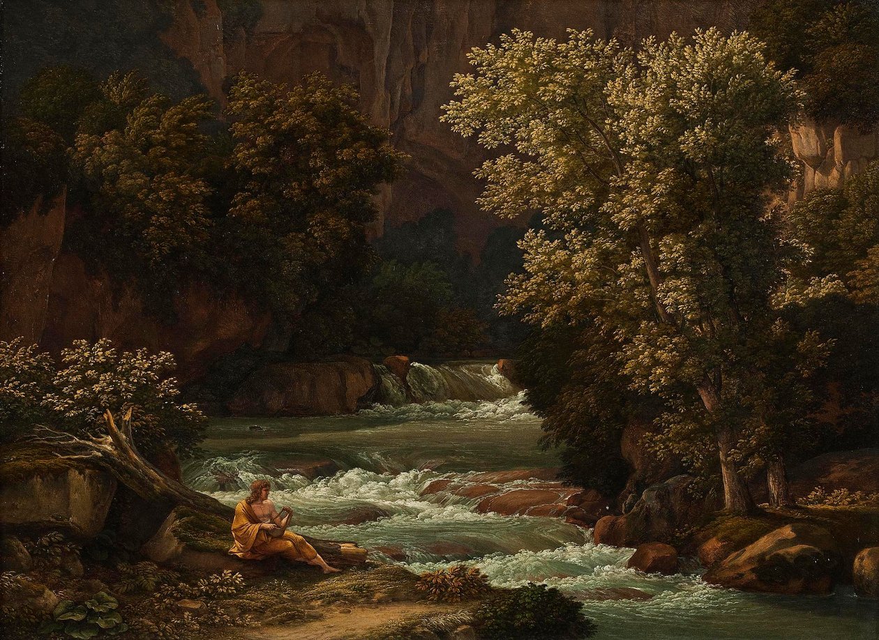 A Tivoli melletti Ponte Lupo látképe, előtérben lírán játszó személlyel alkotó: Johann Christian Reinhart