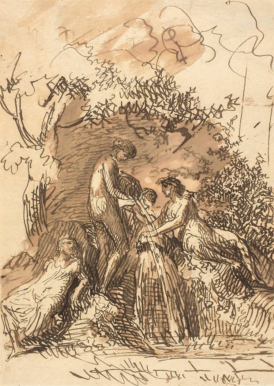 Fiatal lányok egy szökőkútnál (recto); A lábak vázlatának töredéke (fordítva) alkotó: Johann Christian Reinhart
