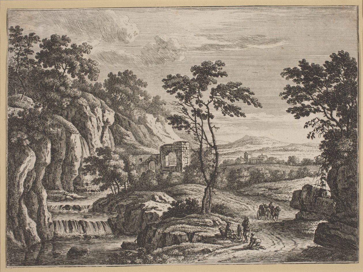 Táj romokkal és vízeséssel alkotó: Johann Christoph Dietzsch