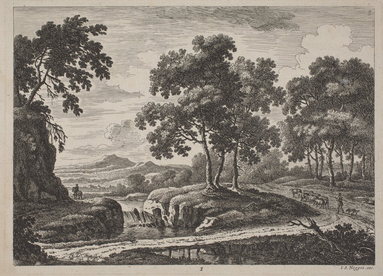 Panorámás folyami tájak utazókkal, 1734. alkotó: Johann Christoph Dietzsch